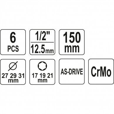 Plonasienių smūginių galvučių rinkinys su apsaugom Yato YT-10563, 1/2", 17/19/21mm 2 Plonasienių smūginių galvučių rinkinys su apsaugom Yato YT-10563, 1/2", 17/19/21mm 2