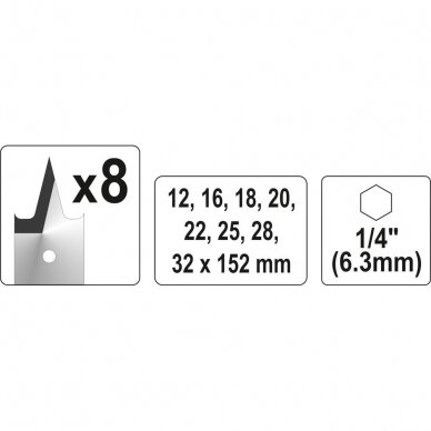 Plunksninių grąžtų rinkinys | 1/4" antgalis | 12-32 mm | 8 vnt (YT-3259) 3