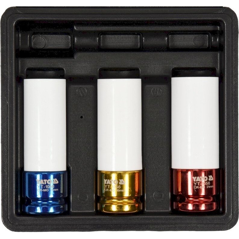 Plonasienių smūginių galvučių rinkinys su apsaugom | 12,5 mm (1/2") | 17/19/21 mm | 3 vnt. (YT-1056)