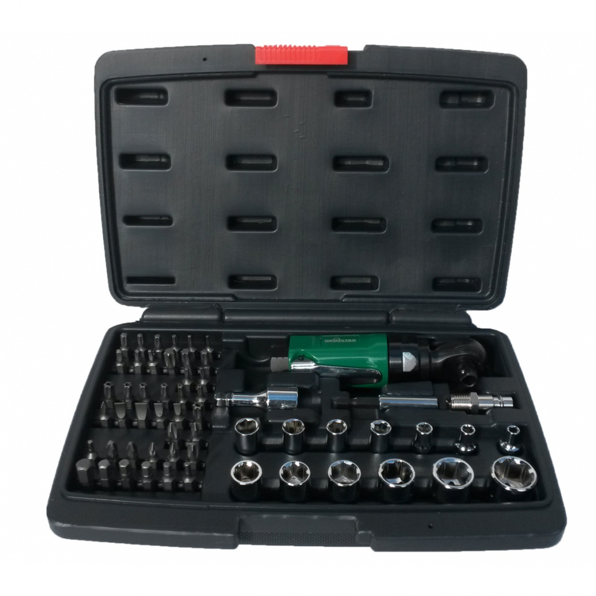 Pneumatinės terkšlės - veržliasukio rinkinys UnoStar, 10 mm (3/8"), 1/4" (6.3 mm) antgaliams Pneumatinės terkšlės - veržliasukio rinkinys UnoStar, 10 mm (3/8"), 1/4" (6.3 mm) antgaliams