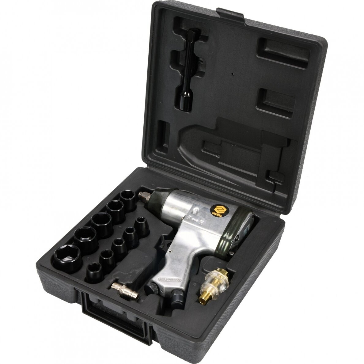 Pneumatinis smūginis veržliaraktis Vorel su smūginiu galvučių komplektu 1/2", 320 Nm Pneumatinis smūginis veržliaraktis Vorel su smūginiu galvučių komplektu 1/2", 320 Nm