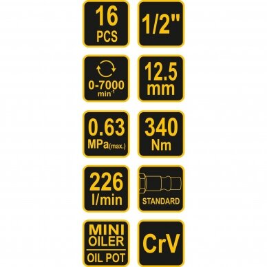 Pneumatinis smūginis veržliaraktis Vorel su smūginiu galvučių komplektu 1/2", 320 Nm 1 Pneumatinis smūginis veržliaraktis Vorel su smūginiu galvučių komplektu 1/2", 320 Nm 1