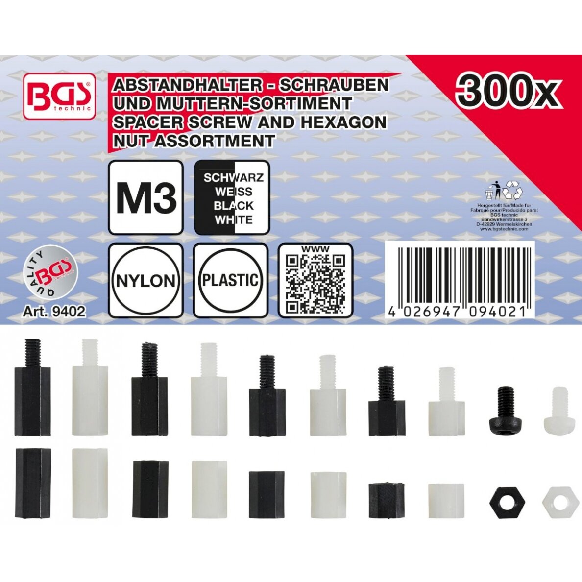 Poveržlių movų ir Hex veržlių asortimentas | nailonas | 300 vnt. (9402) Poveržlių movų ir Hex veržlių asortimentas | nailonas | 300 vnt. (9402)