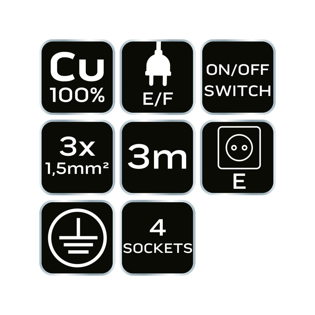 Prailginamasis laidas 3m, 3x1,5mm2, 4G, juodas, ON/OFF 8