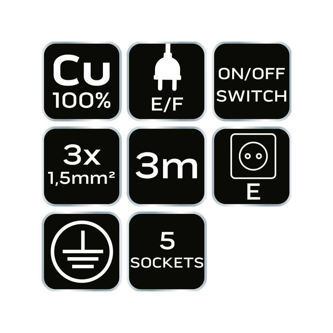 Prailginamasis laidas 3m, 3x1,5mm2, 5G, baltas, ON/OFF 8