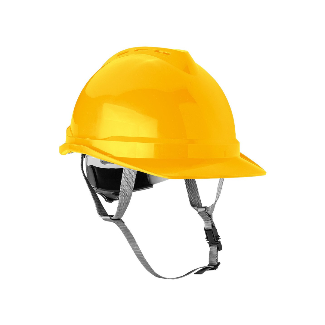 Pramoninis šalmas su smakro dirželiu, geltonas