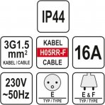 Prailginimo kabelis guminis IP44, 3x1,5mm² 30m YATO