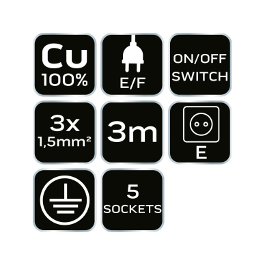 Prailginamasis laidas 3m, 3x1,5mm2, 5G, baltas, ON/OFF 8