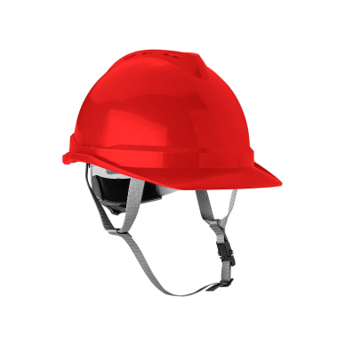 Pramoninis šalmas su dirželiu ant smakro, raudonas