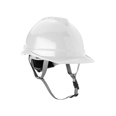 Pramoninis šalmas su smakro dirželiu, baltas