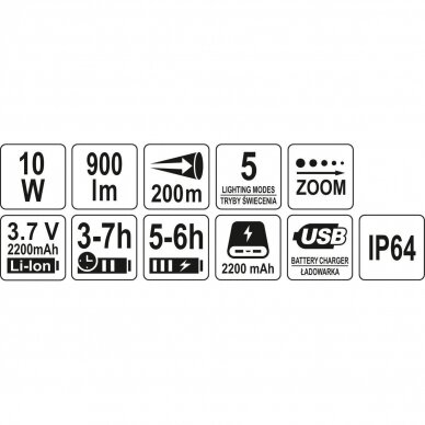 Prožektorius 10W 900LM IP64, LI-ION 3,7V 2200MAH  200M, POWERBANK, ZOOM | Akumuliatorinis (YT-08559) 5