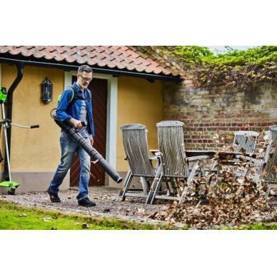 Akumuliatorinis lapų pūstuvas - kuprinė Greenworks GD60BPB, 60 V, (tik įrankis) 1