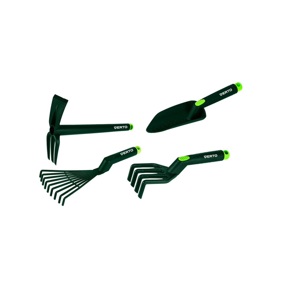 Rankinių įrankių rinkinys 4 vnt plastikiniai (grėbliai, nagai, kastuvas, kaplys/nagai)