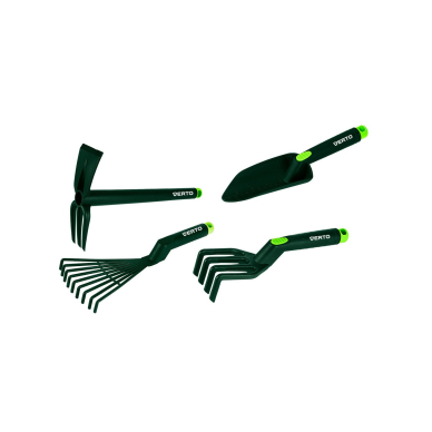 Rankinių įrankių rinkinys 4 vnt plastikiniai (grėbliai, nagai, kastuvas, kaplys/nagai)