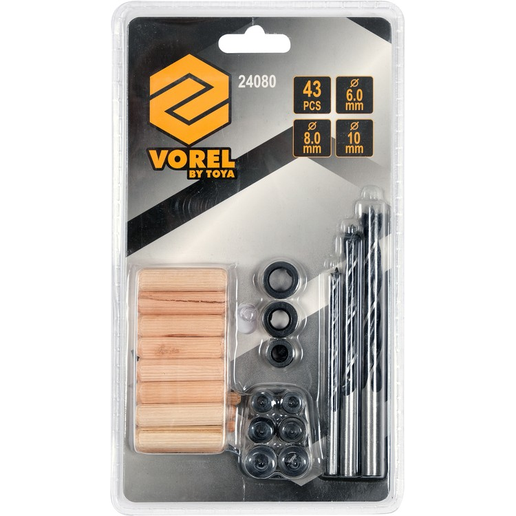 Mediniai kaiščiai / grąžtai, centro žymekliai, ribotuvai Vorel 24080, 6/8/10 mm, 43 vnt. 1 Mediniai kaiščiai / grąžtai, centro žymekliai, ribotuvai Vorel 24080, 6/8/10 mm, 43 vnt. 1