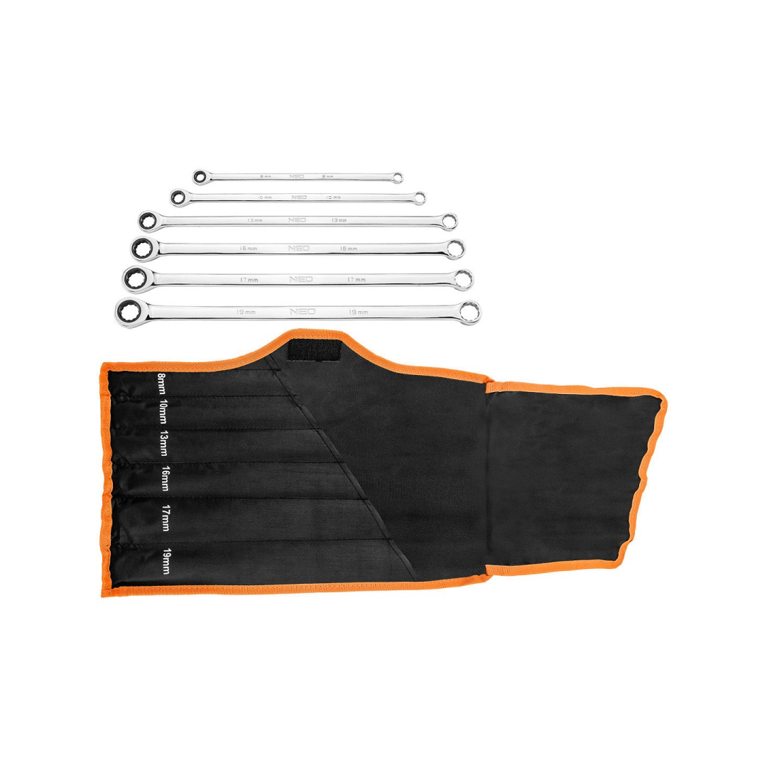 Reketiniai žiediniai veržliarakčiai, ilgi, 6 dalių rinkinys, 8-19 mm, minkštas dėklas 7 Reketiniai žiediniai veržliarakčiai, ilgi, 6 dalių rinkinys, 8-19 mm, minkštas dėklas 7