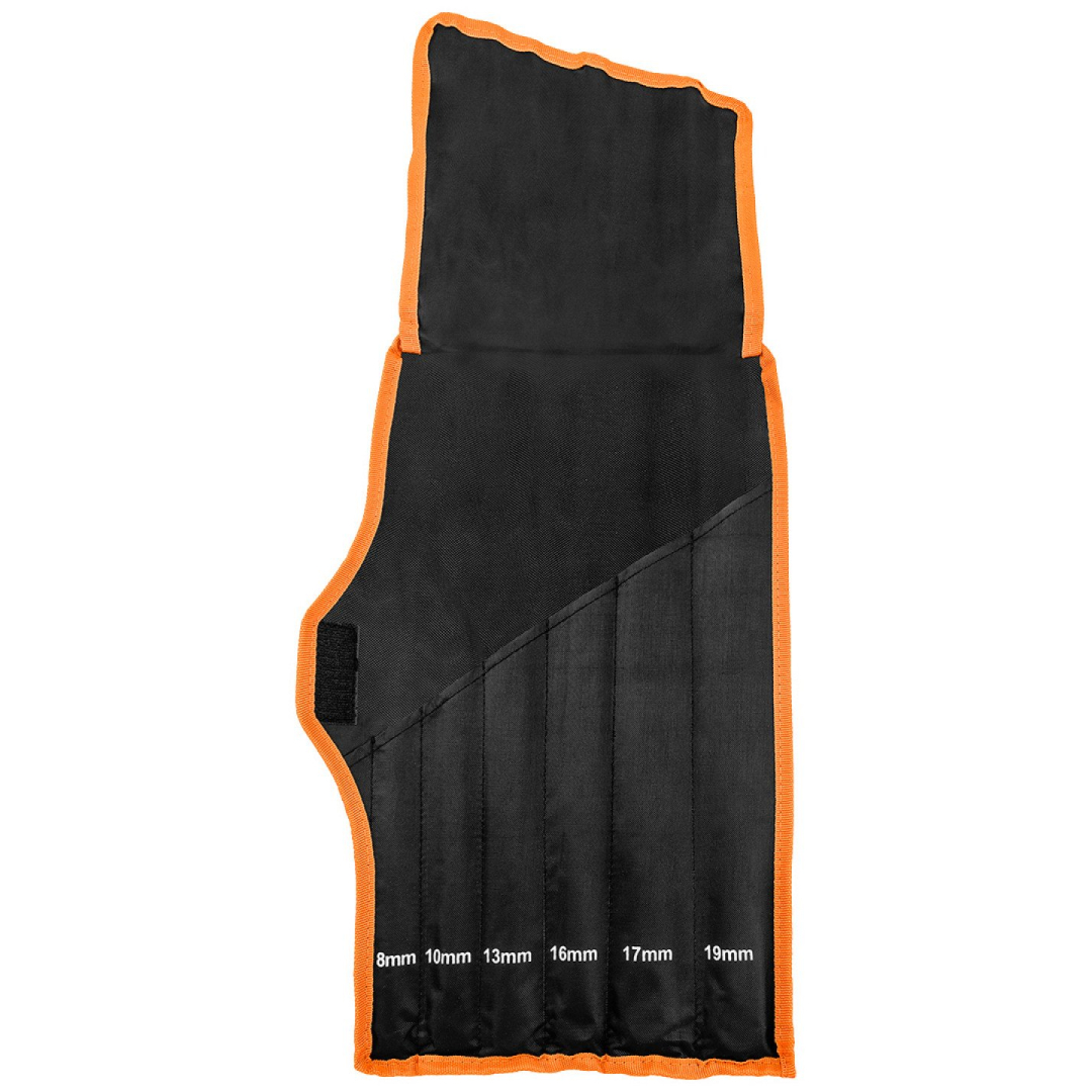 Reketiniai žiediniai veržliarakčiai, ilgi, 6 dalių rinkinys, 8-19 mm, minkštas dėklas 8 Reketiniai žiediniai veržliarakčiai, ilgi, 6 dalių rinkinys, 8-19 mm, minkštas dėklas 8