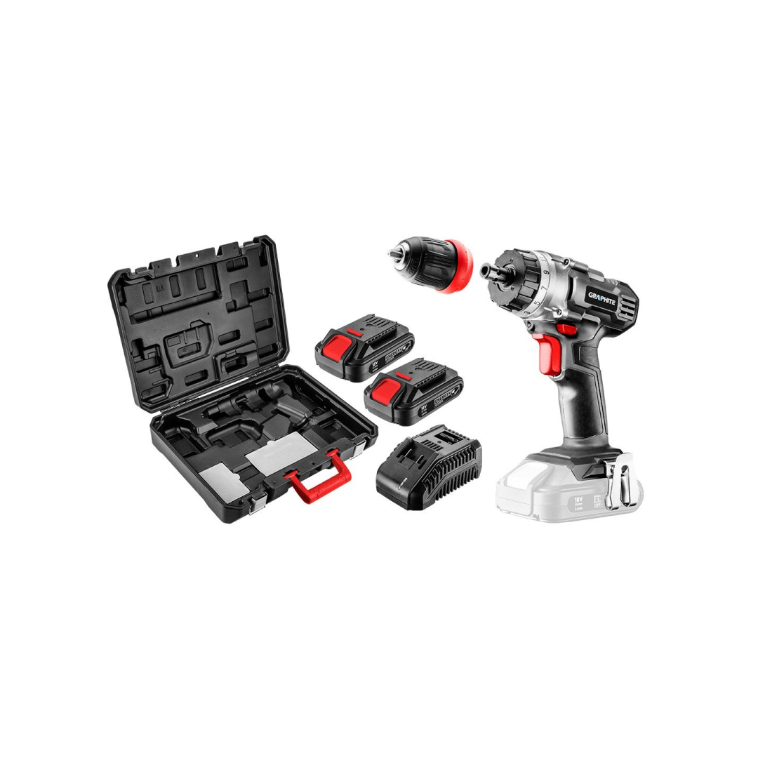 Rinkinys: Akumuliatorinis gręžtuvas-suktuvas 18V Graphite su priedais Rinkinys: Akumuliatorinis gręžtuvas-suktuvas 18V Graphite su priedais