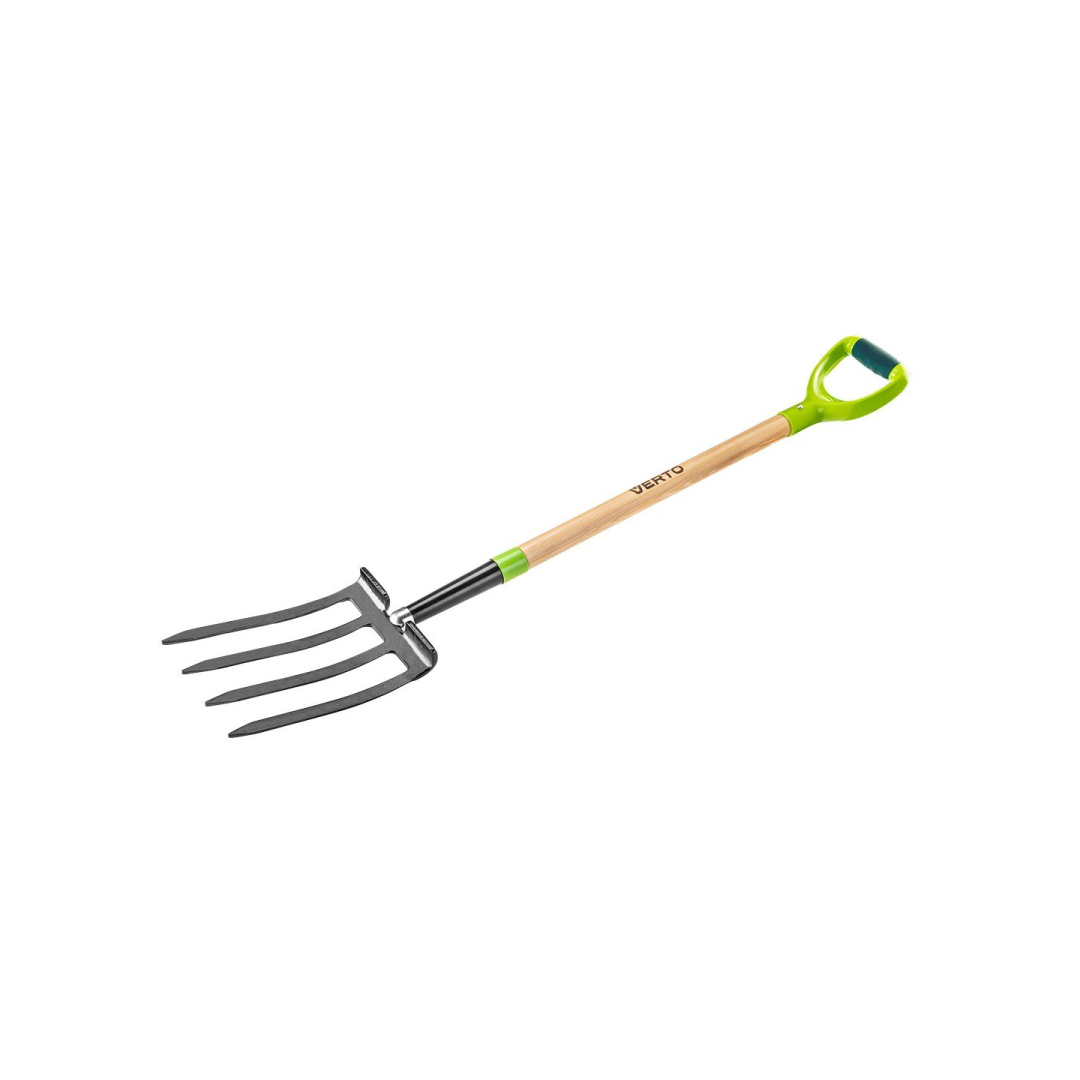 Šakės, 4 dantys, medinis kotas, plastikinė rankena