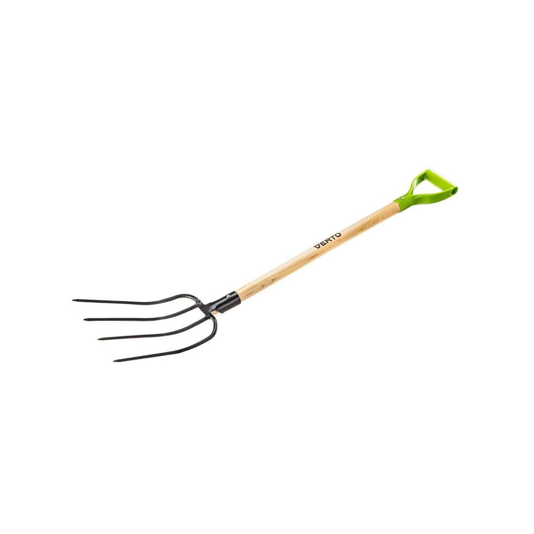 Šakės, 4 dantys, medinis kotas, plastikinė rankena