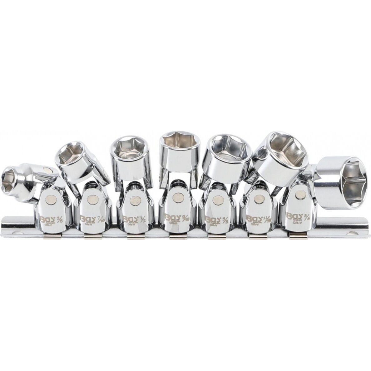 Šarnyrinių galvučių rinkinys | 10 mm (3/8") | 3/8" - 3/4" coliniai dydžiai | 7 vnt. (9501) Šarnyrinių galvučių rinkinys | 10 mm (3/8") | 3/8" - 3/4" coliniai dydžiai | 7 vnt. (9501)