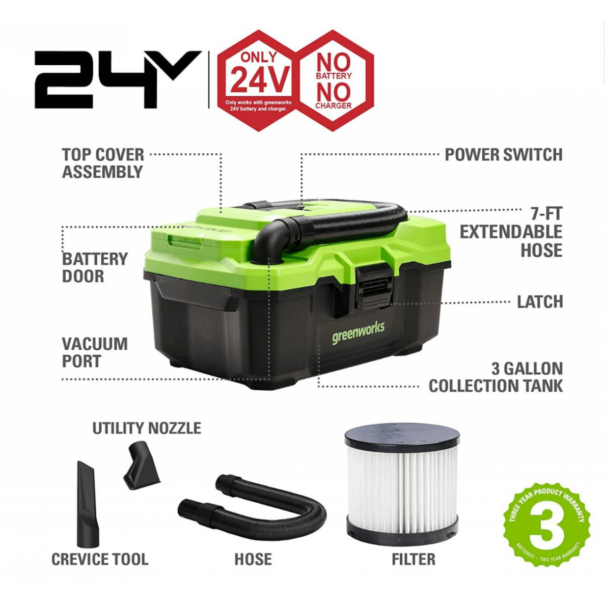 Akumuliatorinis dulkių siurblys sausam / šlapiam valymui Greenworks G24WDV, 24 V, (tik įrankis) 1 Akumuliatorinis dulkių siurblys sausam / šlapiam valymui Greenworks G24WDV, 24 V, (tik įrankis) 1