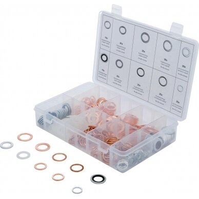 Sandarinimo žiedų asortimentas | Varis, aliuminis, nailonas | 250 vnt. (85225) Sandarinimo žiedų asortimentas | Varis, aliuminis, nailonas | 250 vnt. (85225)