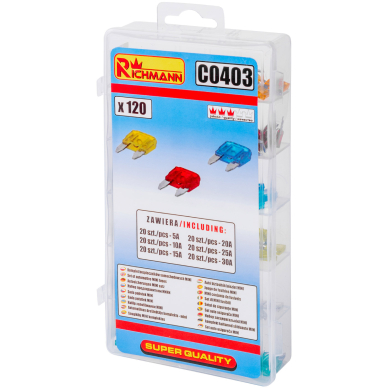 Saugiklių komplektas MINI 5A-30 120 vnt. 3 Saugiklių komplektas MINI 5A-30 120 vnt. 3