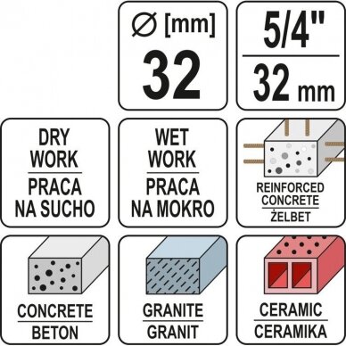 Sauso / šlapio gręžimo karūna Yato YT-60371, 1 1/4", 430/32mm 2 Sauso / šlapio gręžimo karūna Yato YT-60371, 1 1/4", 430/32mm 2