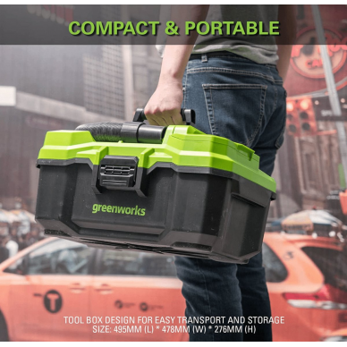 Akumuliatorinis dulkių siurblys sausam / šlapiam valymui Greenworks G24WDVK4, 24 V, 4,0 Ah 4 Akumuliatorinis dulkių siurblys sausam / šlapiam valymui Greenworks G24WDVK4, 24 V, 4,0 Ah 4