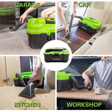 Akumuliatorinis dulkių siurblys sausam / šlapiam valymui Greenworks G24WDVK4, 24 V, 4,0 Ah 5 Akumuliatorinis dulkių siurblys sausam / šlapiam valymui Greenworks G24WDVK4, 24 V, 4,0 Ah 5