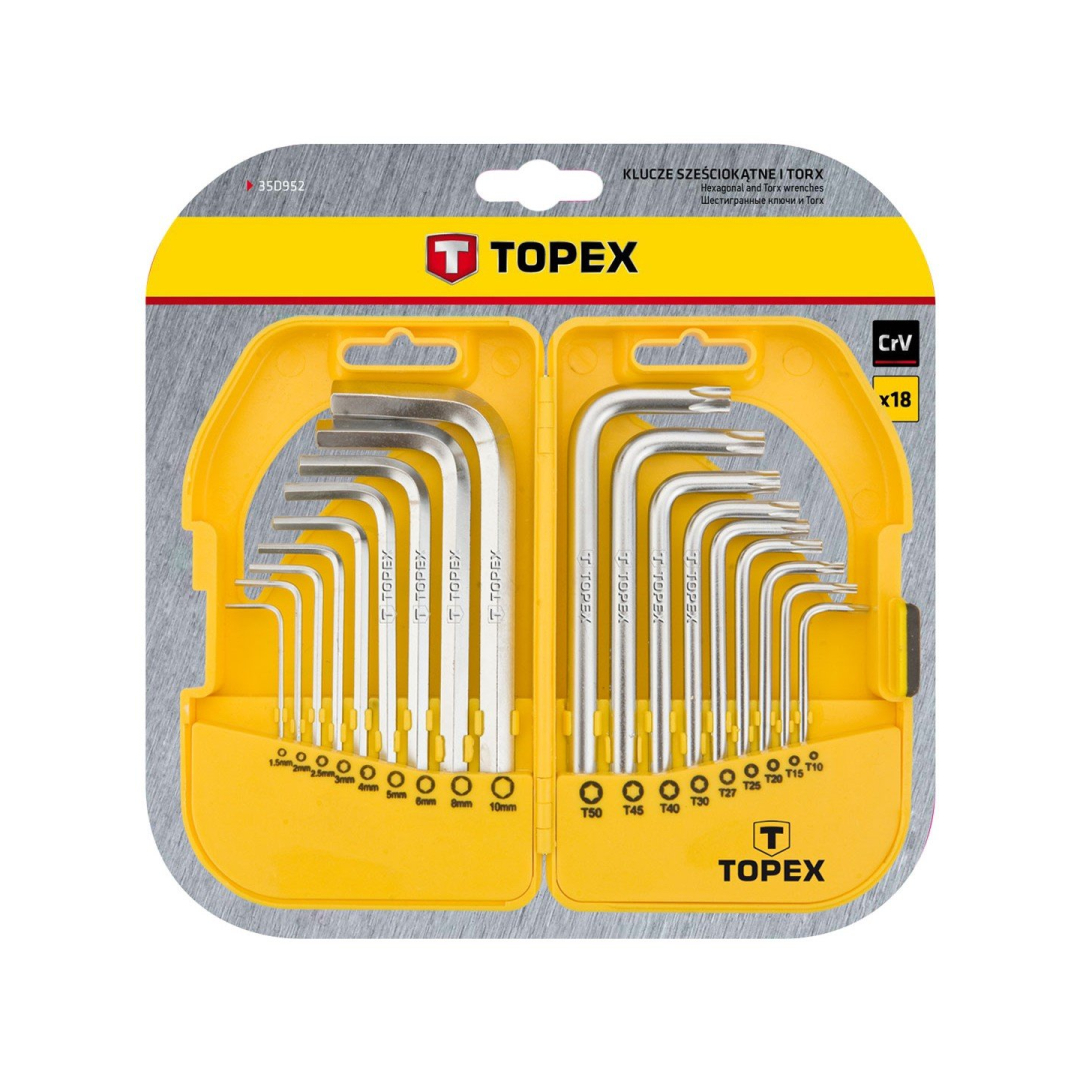 Šešiabriaunių ir šešiabriaunių raktų rinkinys, CrV, 18 vnt., trumpas, HEX: 1,5, 2, 2,5, 3, 4, 5, 6, 8, 10; torx: T10, T15, T20, T25, T27, T30, T40, T45, T50; TORX: T10, T15, T20, T25, T27, T30, T40, T45, T50. 1