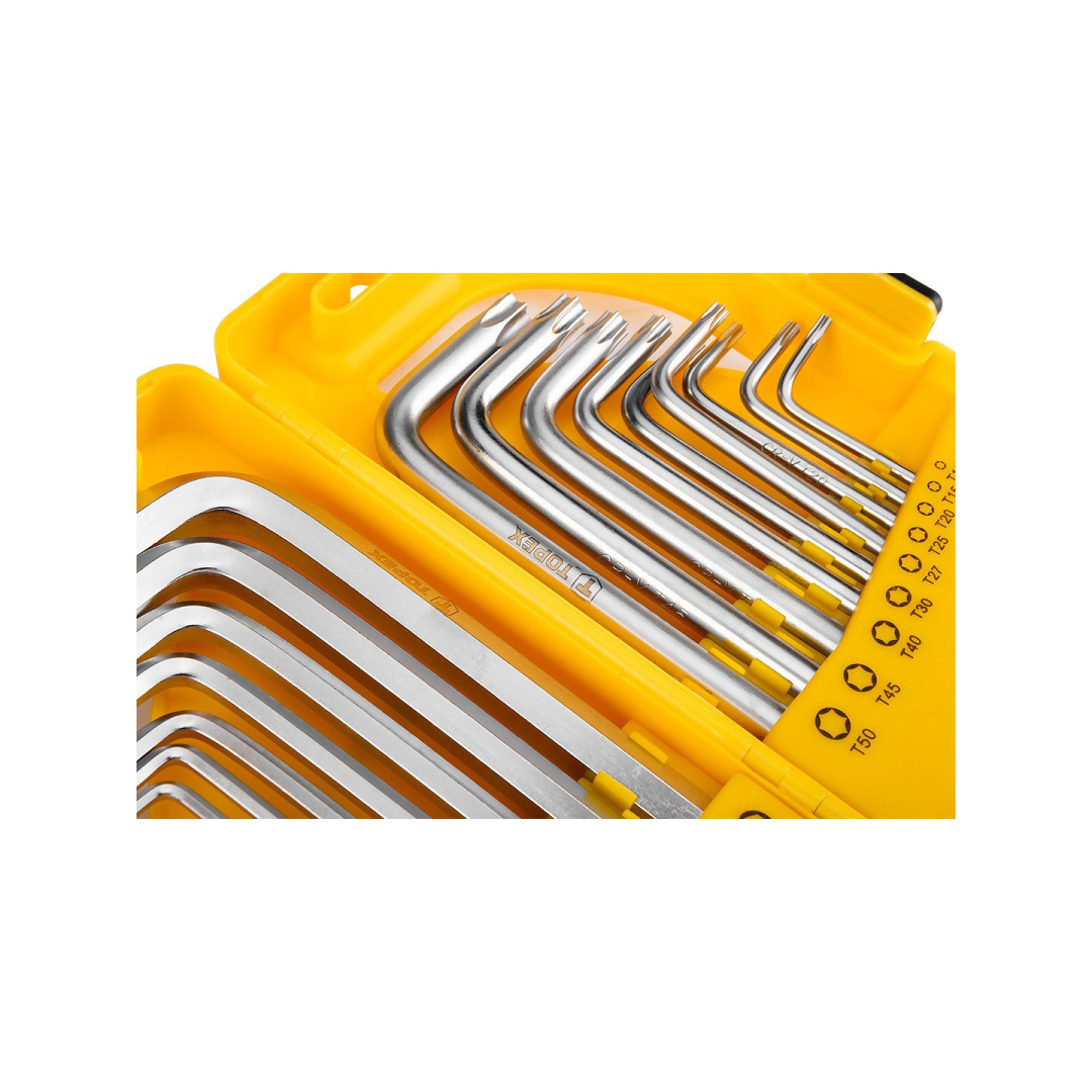 Šešiabriaunių ir šešiabriaunių raktų rinkinys, CrV, 18 vnt., trumpas, HEX: 1,5, 2, 2,5, 3, 4, 5, 6, 8, 10; torx: T10, T15, T20, T25, T27, T30, T40, T45, T50; TORX: T10, T15, T20, T25, T27, T30, T40, T45, T50. 3 Šešiabriaunių ir šešiabriaunių raktų rinkinys, CrV, 18 vnt., trumpas, HEX: 1,5, 2, 2,5, 3, 4, 5, 6, 8, 10; torx: T10, T15, T20, T25, T27, T30, T40, T45, T50; TORX: T10, T15, T20, T25, T27, T30, T40, T45, T50. 3