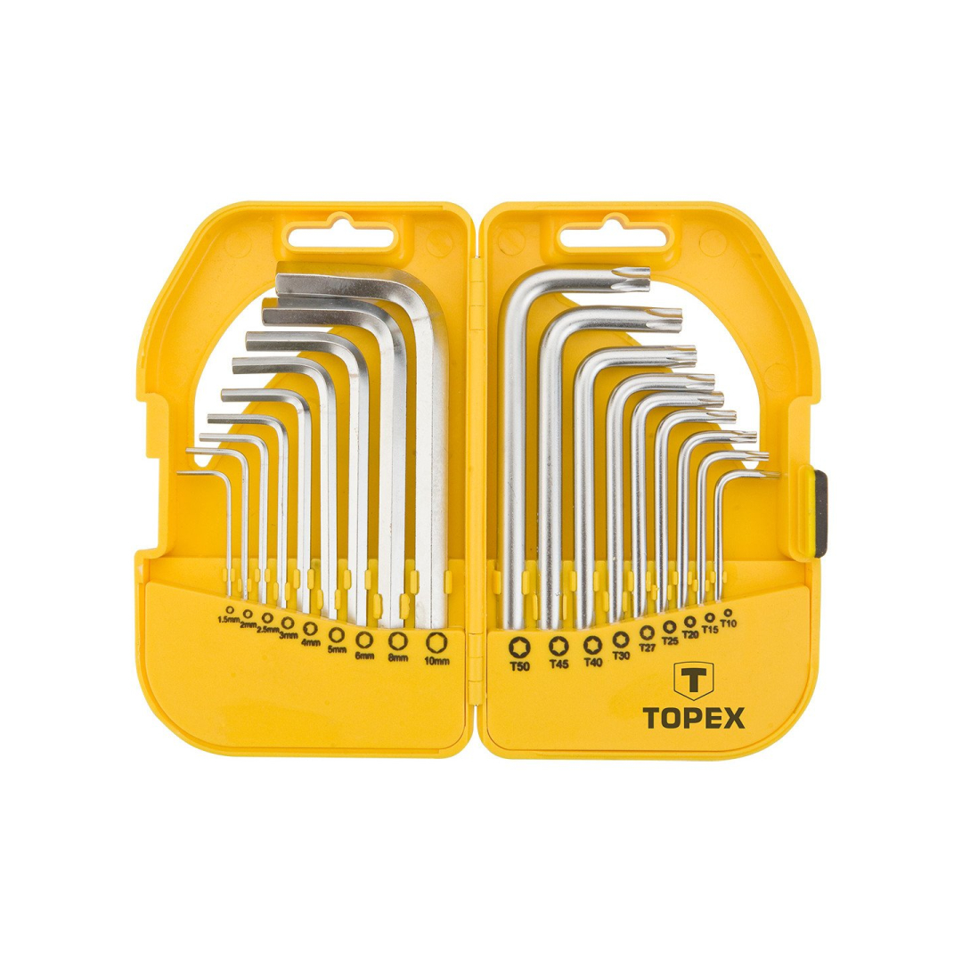 Šešiabriaunių ir šešiabriaunių raktų rinkinys, CrV, 18 vnt., trumpas, HEX: 1,5, 2, 2,5, 3, 4, 5, 6, 8, 10; torx: T10, T15, T20, T25, T27, T30, T40, T45, T50; TORX: T10, T15, T20, T25, T27, T30, T40, T45, T50. Šešiabriaunių ir šešiabriaunių raktų rinkinys, CrV, 18 vnt., trumpas, HEX: 1,5, 2, 2,5, 3, 4, 5, 6, 8, 10; torx: T10, T15, T20, T25, T27, T30, T40, T45, T50; TORX: T10, T15, T20, T25, T27, T30, T40, T45, T50.