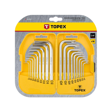 Šešiabriaunių ir šešiabriaunių raktų rinkinys, CrV, 18 vnt., trumpas, HEX: 1,5, 2, 2,5, 3, 4, 5, 6, 8, 10; torx: T10, T15, T20, T25, T27, T30, T40, T45, T50; TORX: T10, T15, T20, T25, T27, T30, T40, T45, T50. 1