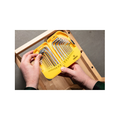 Šešiabriaunių ir šešiabriaunių raktų rinkinys, CrV, 18 vnt., trumpas, HEX: 1,5, 2, 2,5, 3, 4, 5, 6, 8, 10; torx: T10, T15, T20, T25, T27, T30, T40, T45, T50; TORX: T10, T15, T20, T25, T27, T30, T40, T45, T50. 2 Šešiabriaunių ir šešiabriaunių raktų rinkinys, CrV, 18 vnt., trumpas, HEX: 1,5, 2, 2,5, 3, 4, 5, 6, 8, 10; torx: T10, T15, T20, T25, T27, T30, T40, T45, T50; TORX: T10, T15, T20, T25, T27, T30, T40, T45, T50. 2