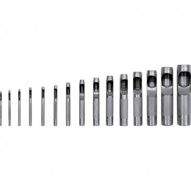 Skylių išmušėjų odoje rinkinys | 2-22 mm | 15 vnt. (YT-3591) 1 Skylių išmušėjų odoje rinkinys | 2-22 mm | 15 vnt. (YT-3591) 1