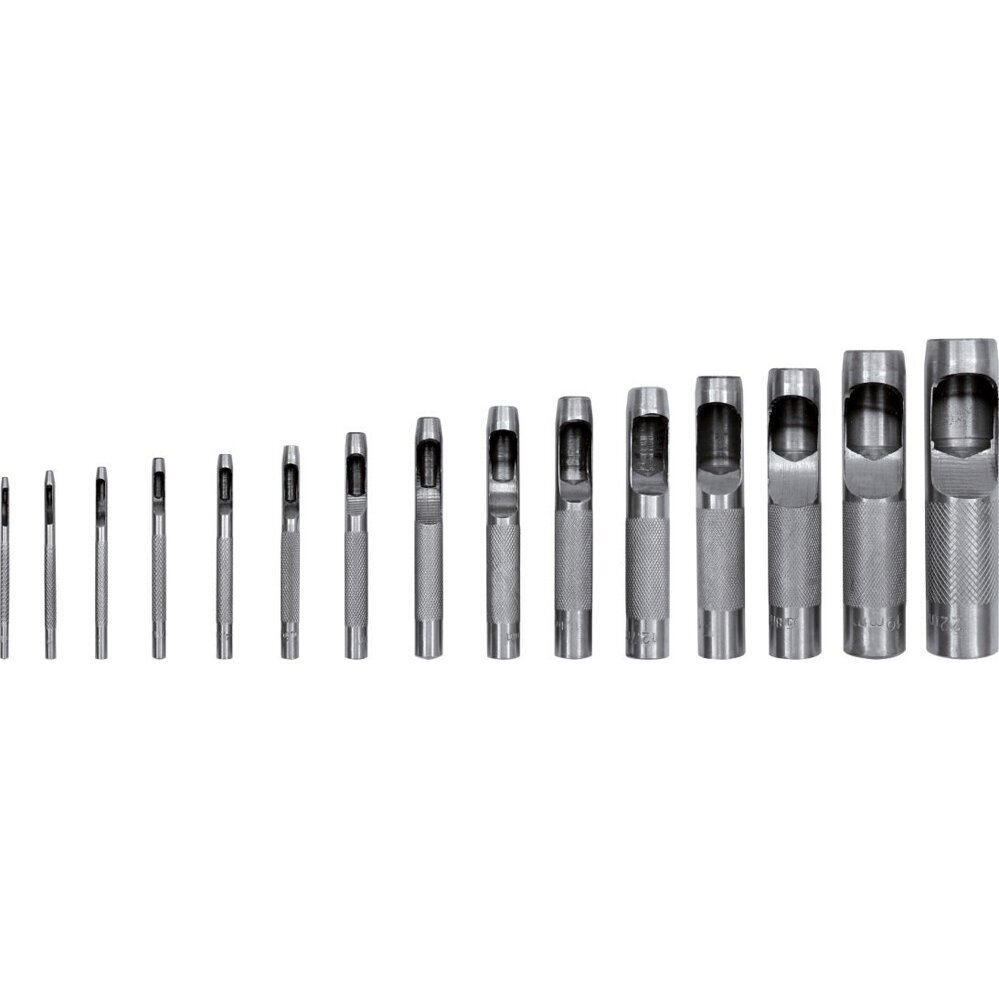 Skylių išmušėjų odoje rinkinys | 2-22 mm | 15 vnt. (YT-3591) 1 Skylių išmušėjų odoje rinkinys | 2-22 mm | 15 vnt. (YT-3591) 1