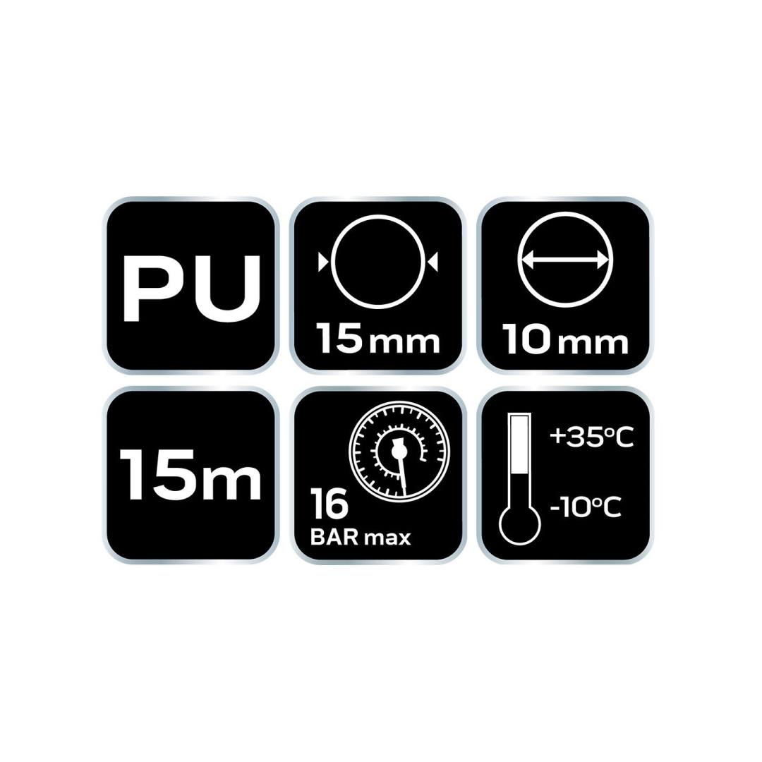 Slėgio žarnos spiralė 10,0 x 15 mm, 15 m, PU 8 Slėgio žarnos spiralė 10,0 x 15 mm, 15 m, PU 8