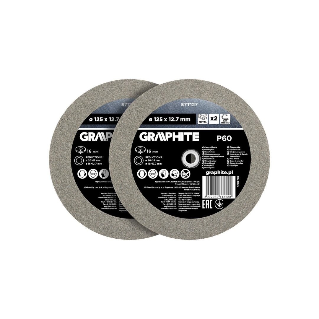 Šlifavimo diskai 125 x 20/16/12,7 x 16 mm, p60, 2 vnt.