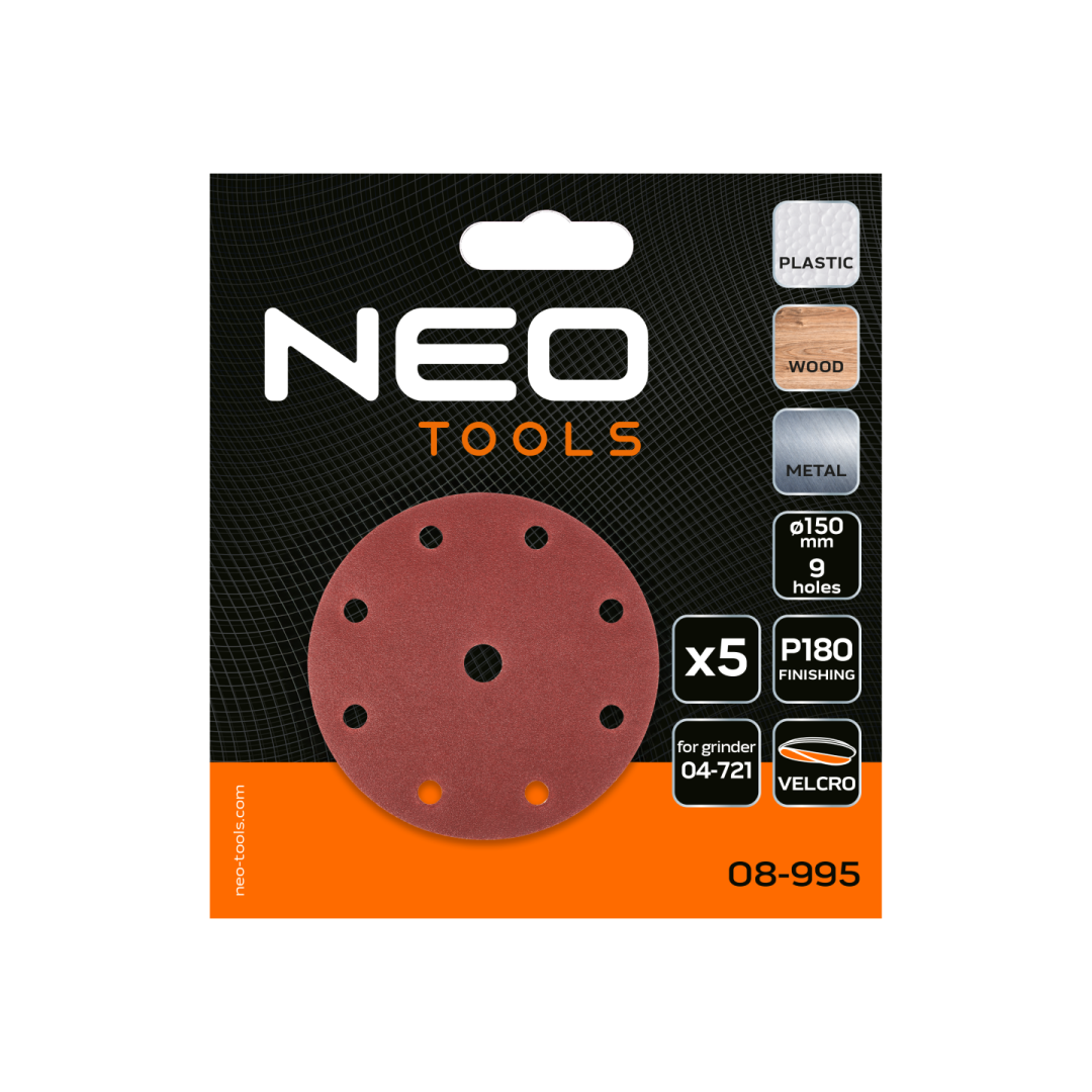 Šlifavimo diskai 150 mm, P180, 5 vnt, su 9 skylėmis 04-721 1