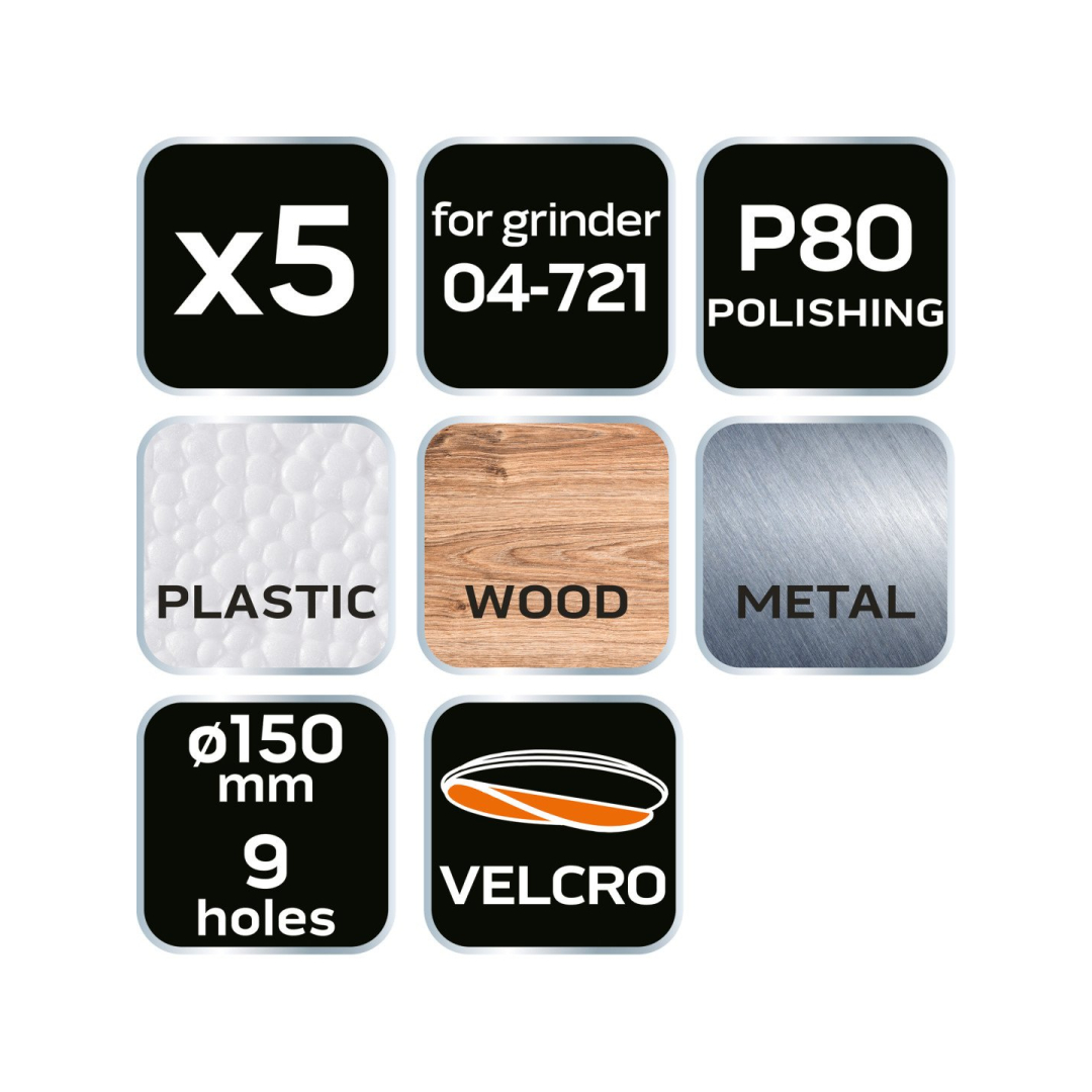 Šlifavimo diskai 150 mm, P80, 5 vnt, su 9 skylėmis 04-721 8 Šlifavimo diskai 150 mm, P80, 5 vnt, su 9 skylėmis 04-721 8