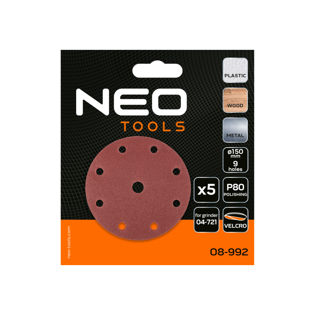 Šlifavimo diskai 150 mm, P80, 5 vnt, su 9 skylėmis 04-721 1 Šlifavimo diskai 150 mm, P80, 5 vnt, su 9 skylėmis 04-721 1