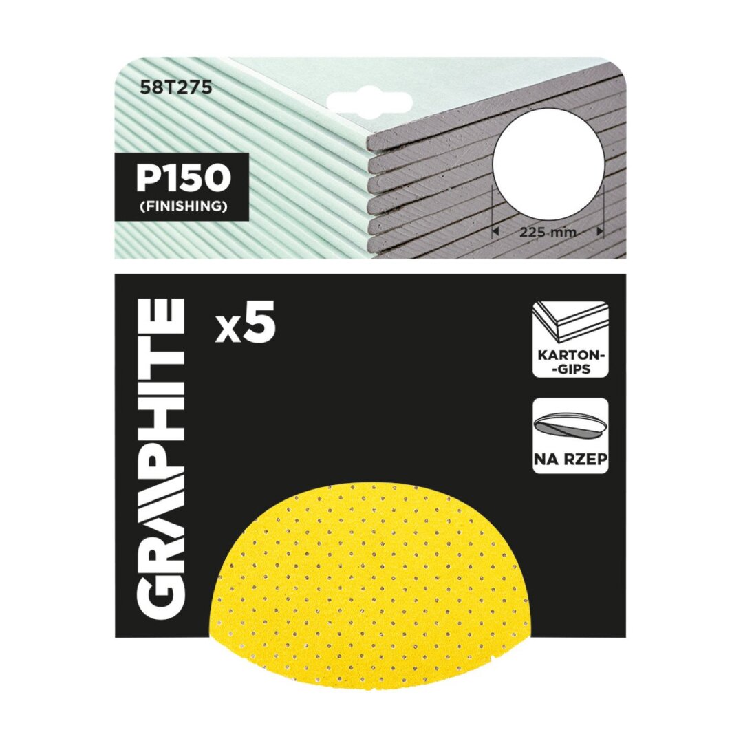 Šlifavimo diskai, perforuoti, „Velcro“, užpildyti skylėmis 225 mm, P150, 5 vnt. 1 Šlifavimo diskai, perforuoti, „Velcro“, užpildyti skylėmis 225 mm, P150, 5 vnt. 1