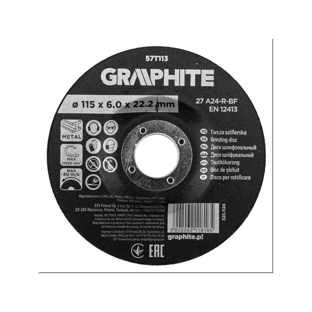 Šlifavimo diskas, aliuminio oksidas metalui 115 x 6,0 x 22,2 mm, 27 A24-R-BF, išgaubtas