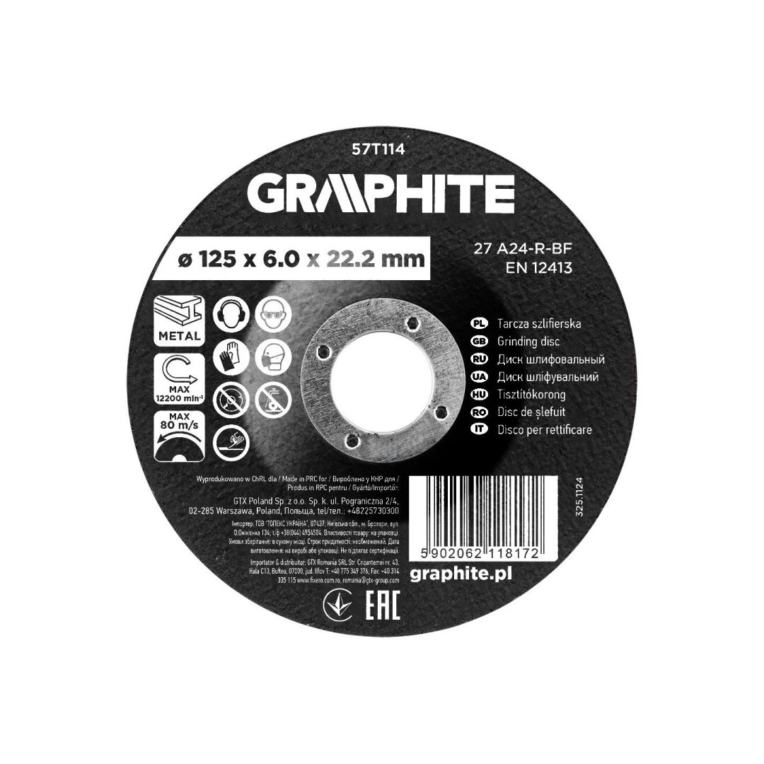 Šlifavimo diskas, aliuminio oksidas metalui 125 x 6,0 x 22,2 mm, 27 A24-R-BF, išgaubtas Šlifavimo diskas, aliuminio oksidas metalui 125 x 6,0 x 22,2 mm, 27 A24-R-BF, išgaubtas