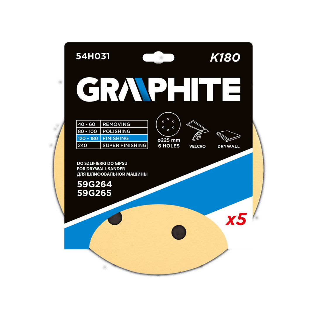 Šlifavimo popierius su lipduku 225 mm, K180, 5 vnt, su 6 skylutėmis šlifuokliui 59G264, 59G265 1 Šlifavimo popierius su lipduku 225 mm, K180, 5 vnt, su 6 skylutėmis šlifuokliui 59G264, 59G265 1