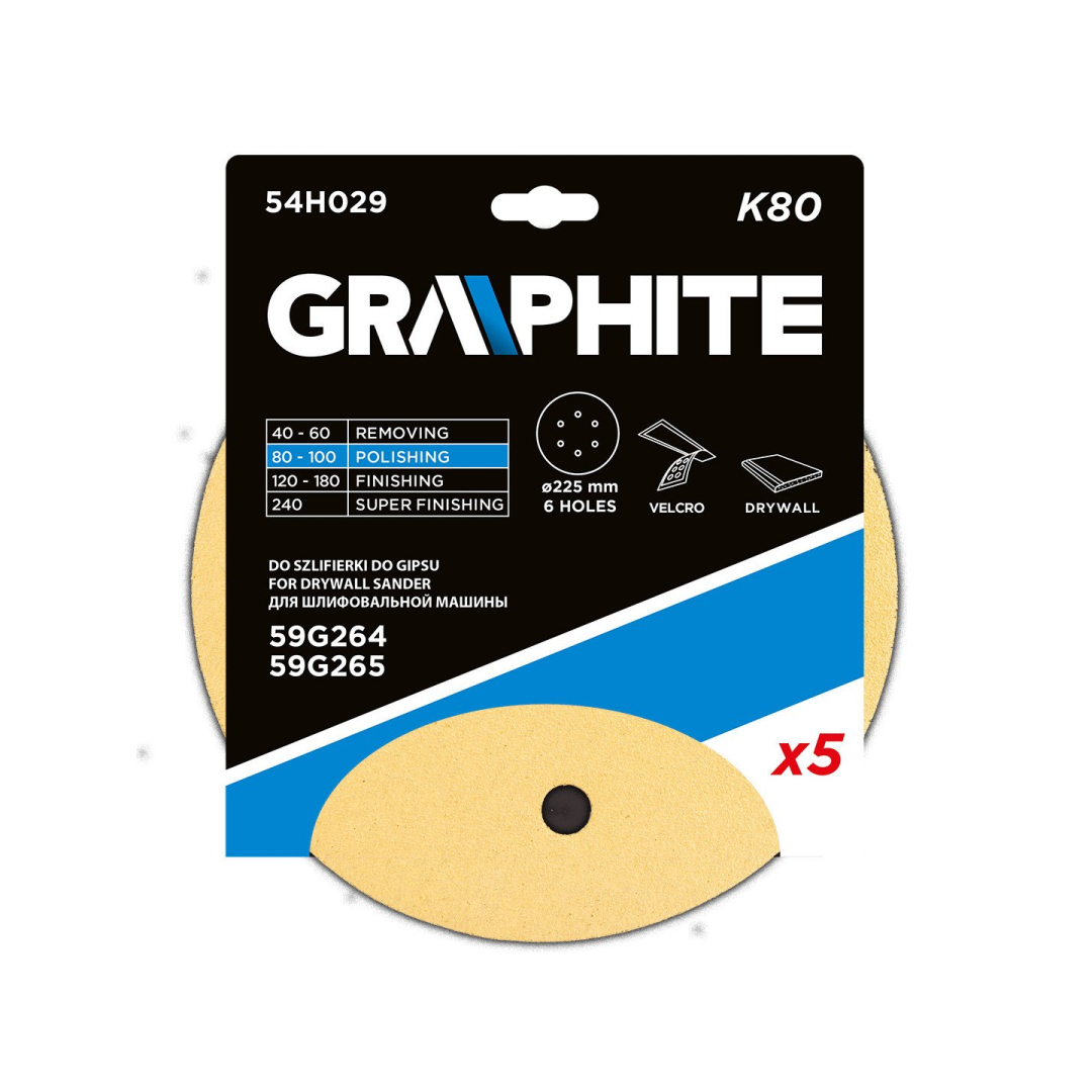 Šlifavimo popierius su lipduku 225 mm, K80, 5 vnt, su 6 skylutėmis šlifuokliui 59G264, 59G265 1