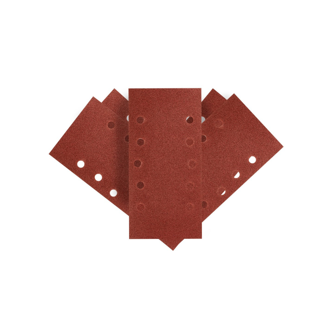 Šlifavimo popierius su „Velcro“ tvirtinimu 115 x 230 mm, K100, 5 vnt, su skylutėmis Šlifavimo popierius su „Velcro“ tvirtinimu 115 x 230 mm, K100, 5 vnt, su skylutėmis