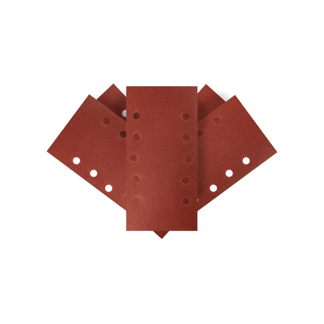 Šlifavimo popierius su „Velcro“ tvirtinimu 115 x 230 mm, K180, 5 vnt, su skylutėmis Šlifavimo popierius su „Velcro“ tvirtinimu 115 x 230 mm, K180, 5 vnt, su skylutėmis